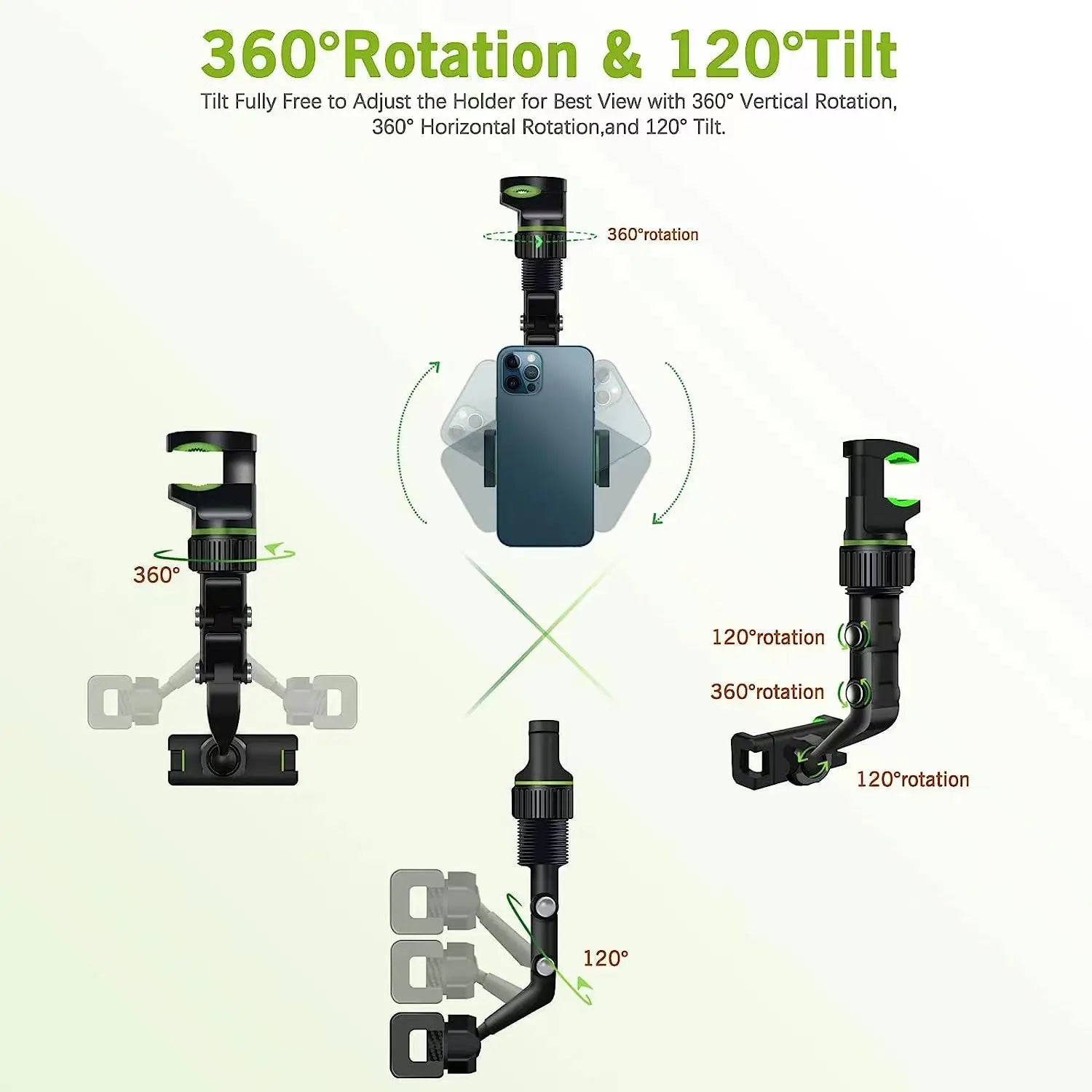Rearview Mirror Phone Holder 360° Rotatable & Retractable Car Mount