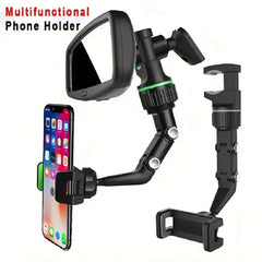 Rearview Mirror Phone Holder 360° Rotatable & Retractable Car Mount