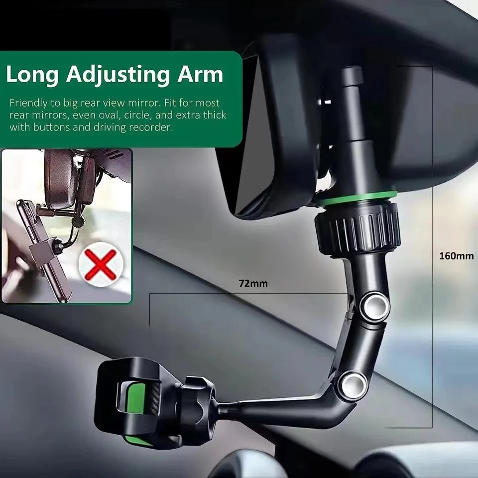Rearview Mirror Phone Holder 360° Rotatable & Retractable Car Mount