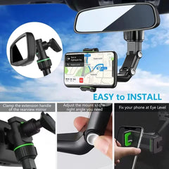 Rearview Mirror Phone Holder 360° Rotatable & Retractable Car Mount