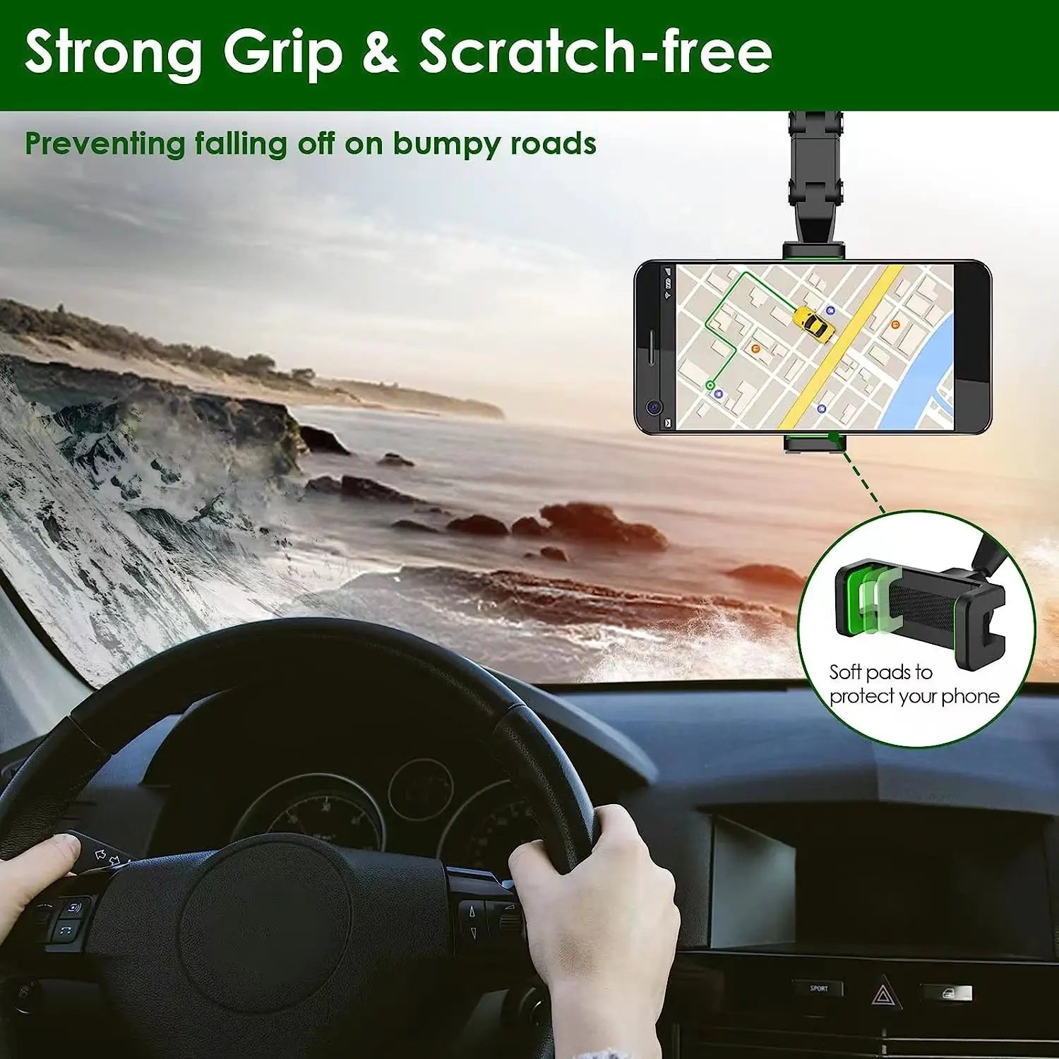 Rearview Mirror Phone Holder 360° Rotatable & Retractable Car Mount
