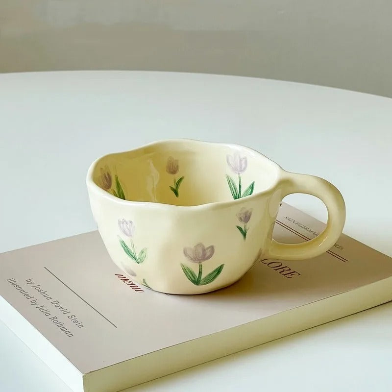 Hand Pinched Irregular Flower Ceramic Coffee Mugs Breakfast Kitchen Cups