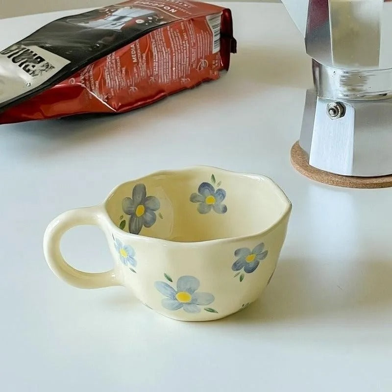 Hand Pinched Irregular Flower Ceramic Coffee Mugs Breakfast Kitchen Cups